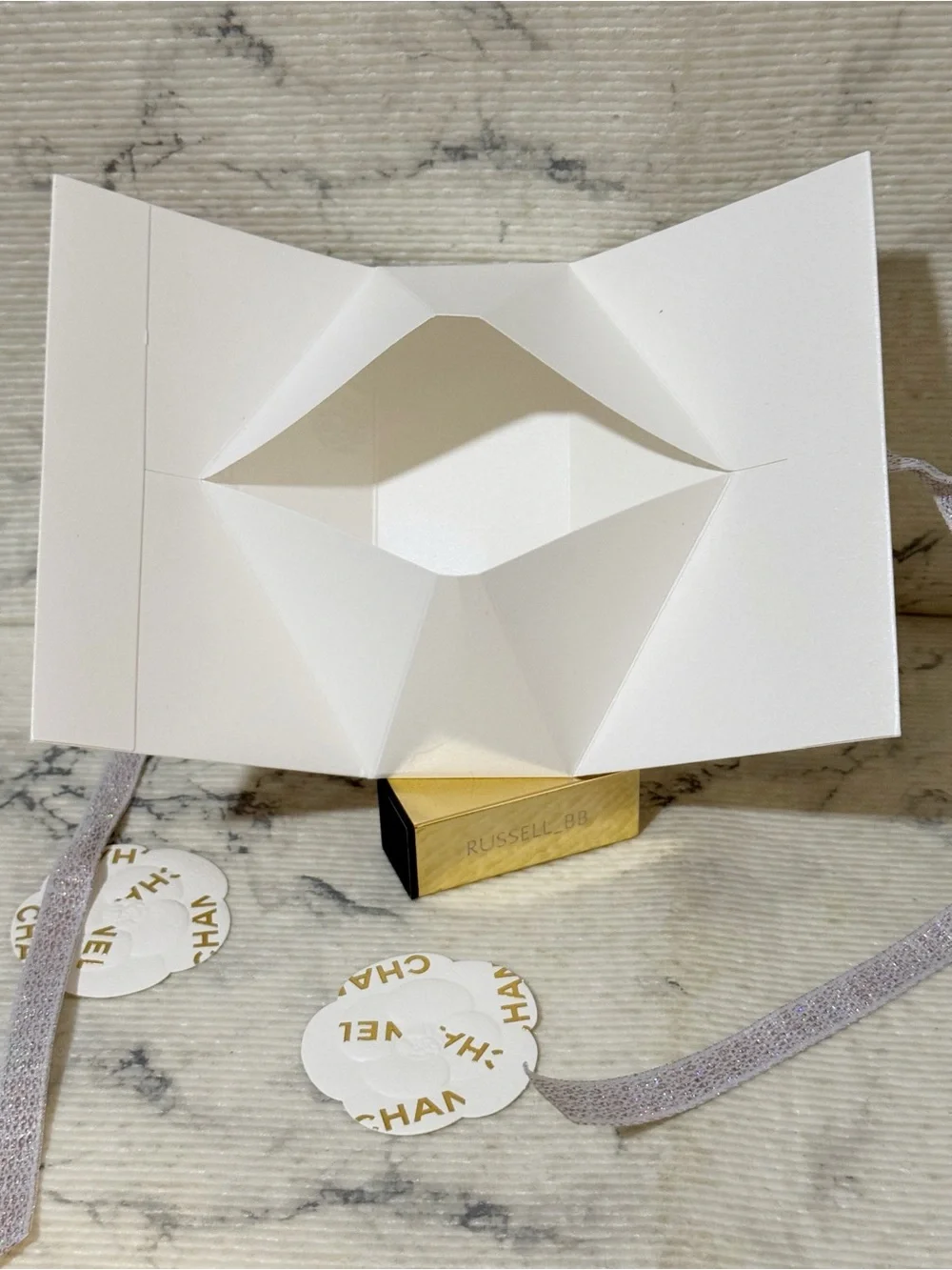 Chanel Beauty Pink Gold Camellia Floral Gift Bag with 2 Chanel Camellia Stickers